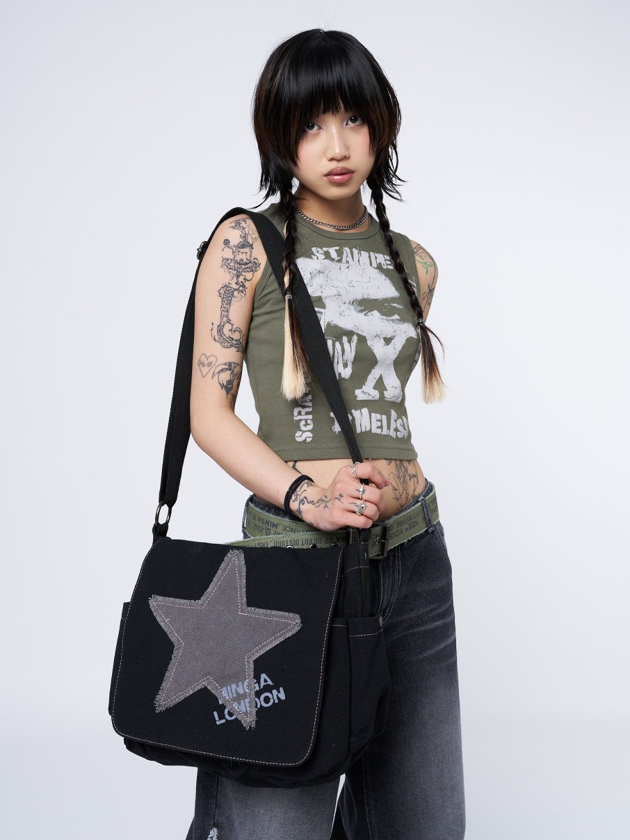 Minga London Super Star Black Canvas Messenger Bag | Accessories