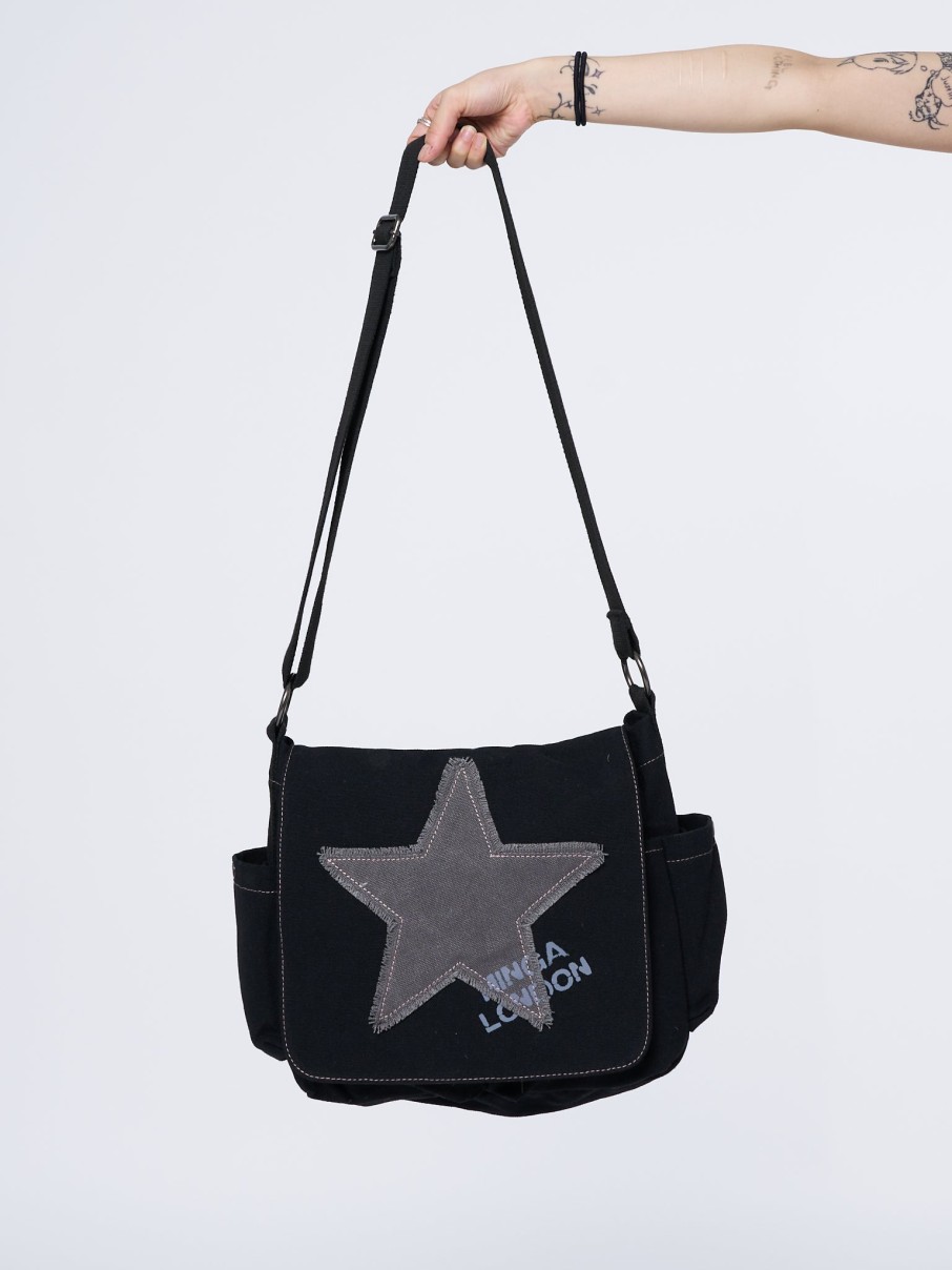 Minga London Super Star Black Canvas Messenger Bag | Accessories