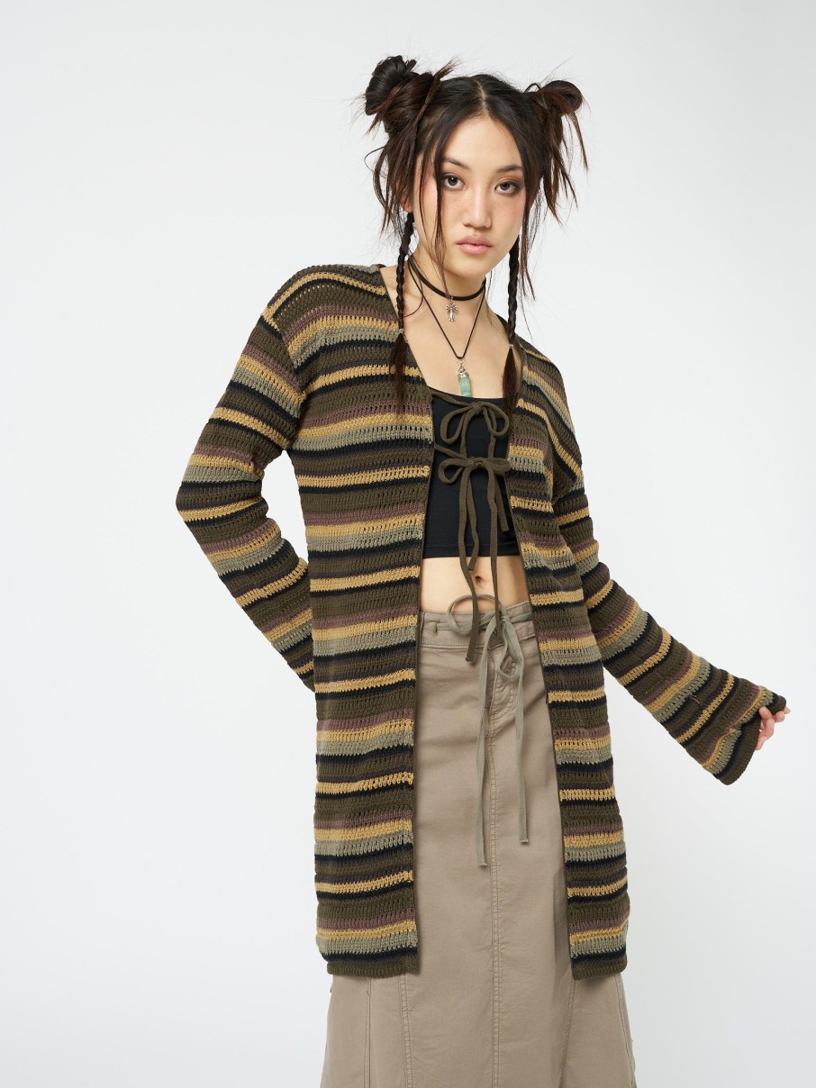 Minga London Luna Forest Stripes Tie Front Knit Cardigan | Knitwear