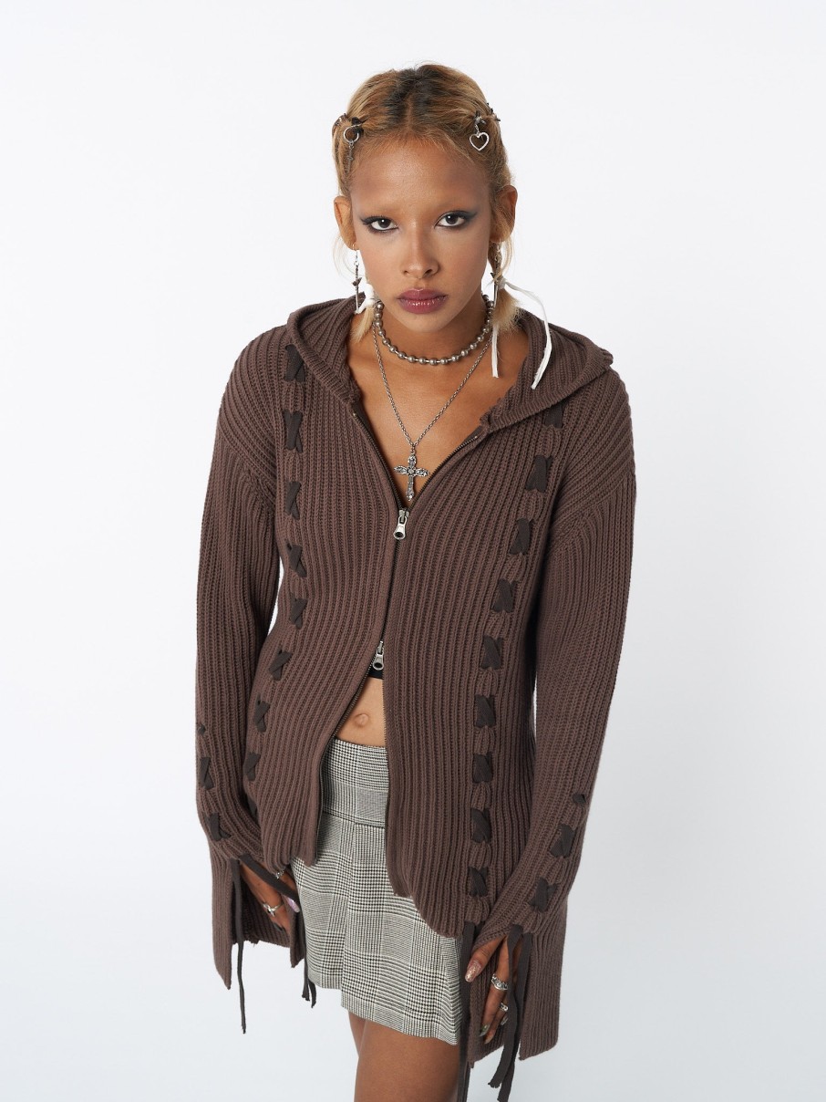 Minga London Nixie Brown Lace Up Cardigan | Sweaters & Hoodies