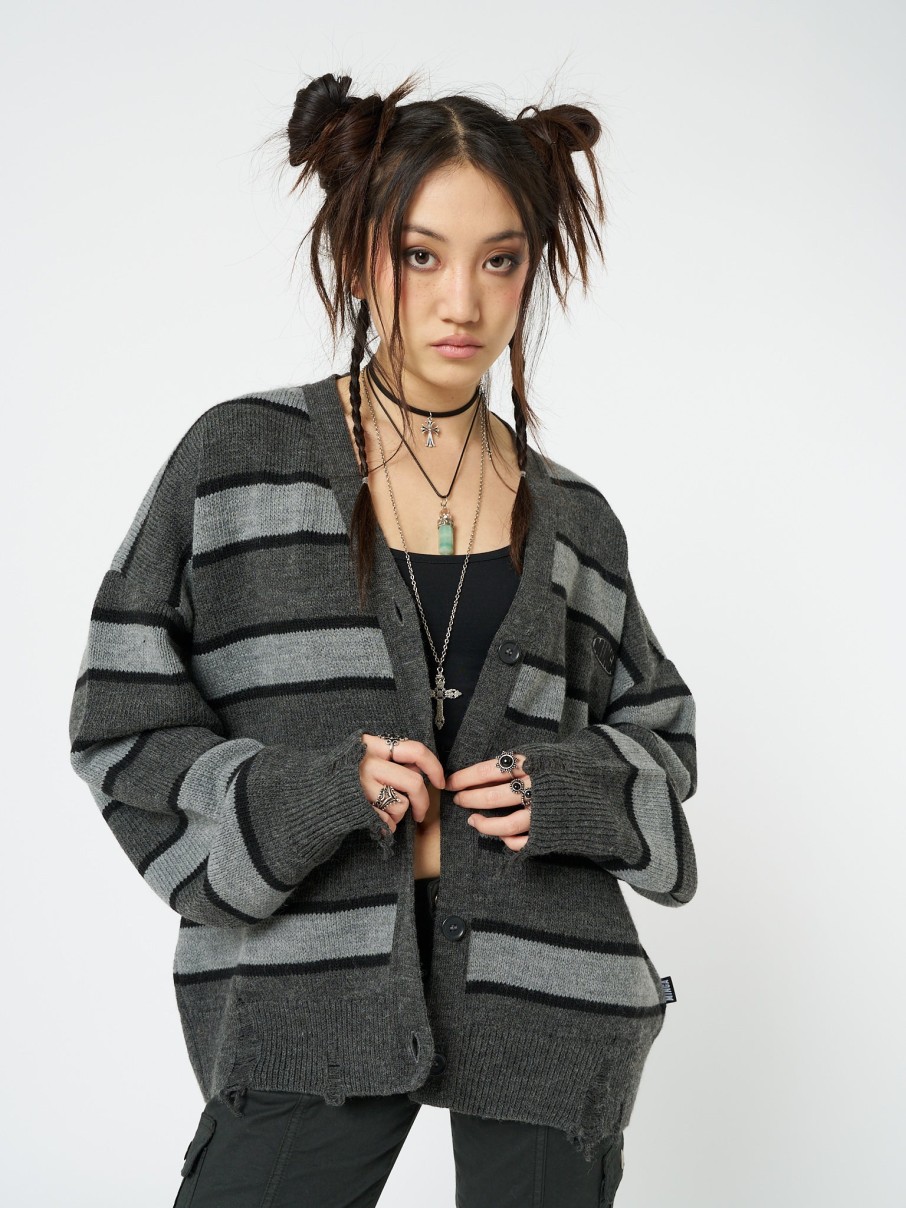 Minga London Neesa Grey & Black Stripe Knit Cardigan | Jackets & Cardigans