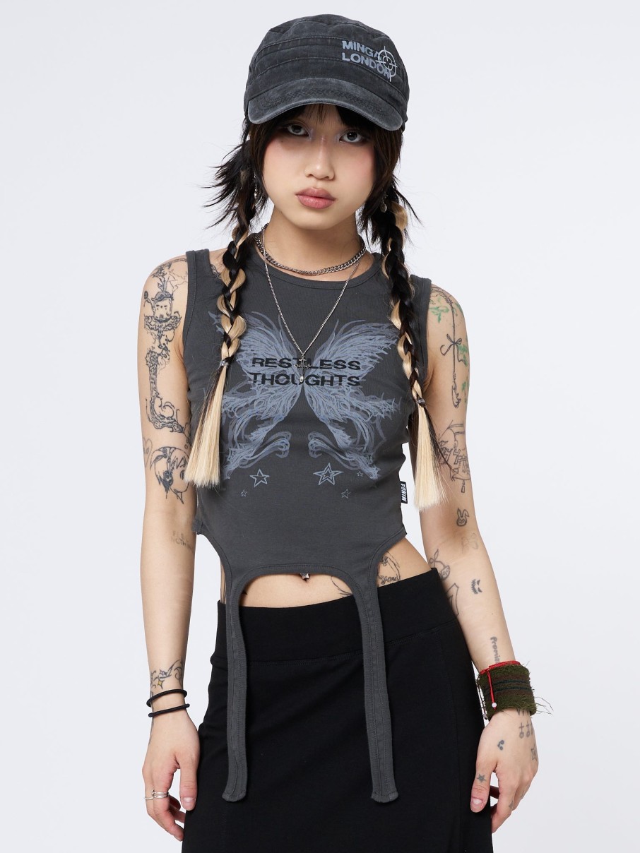 Minga London Restless Thoughts Grey Straps Top | Tops & T-Shirts