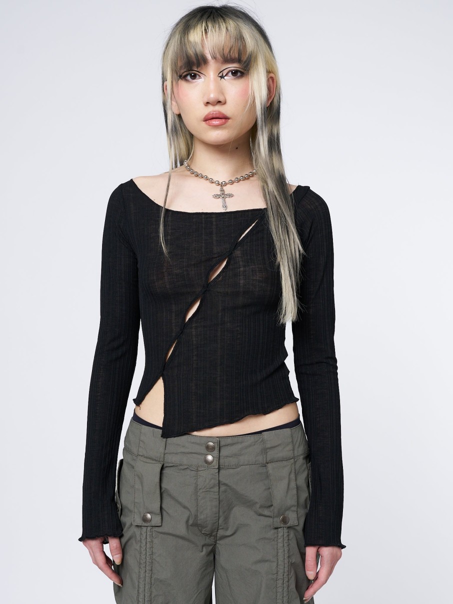 Minga London Hana Black Asymmetrical Cut Out Top | Tops & T-Shirts