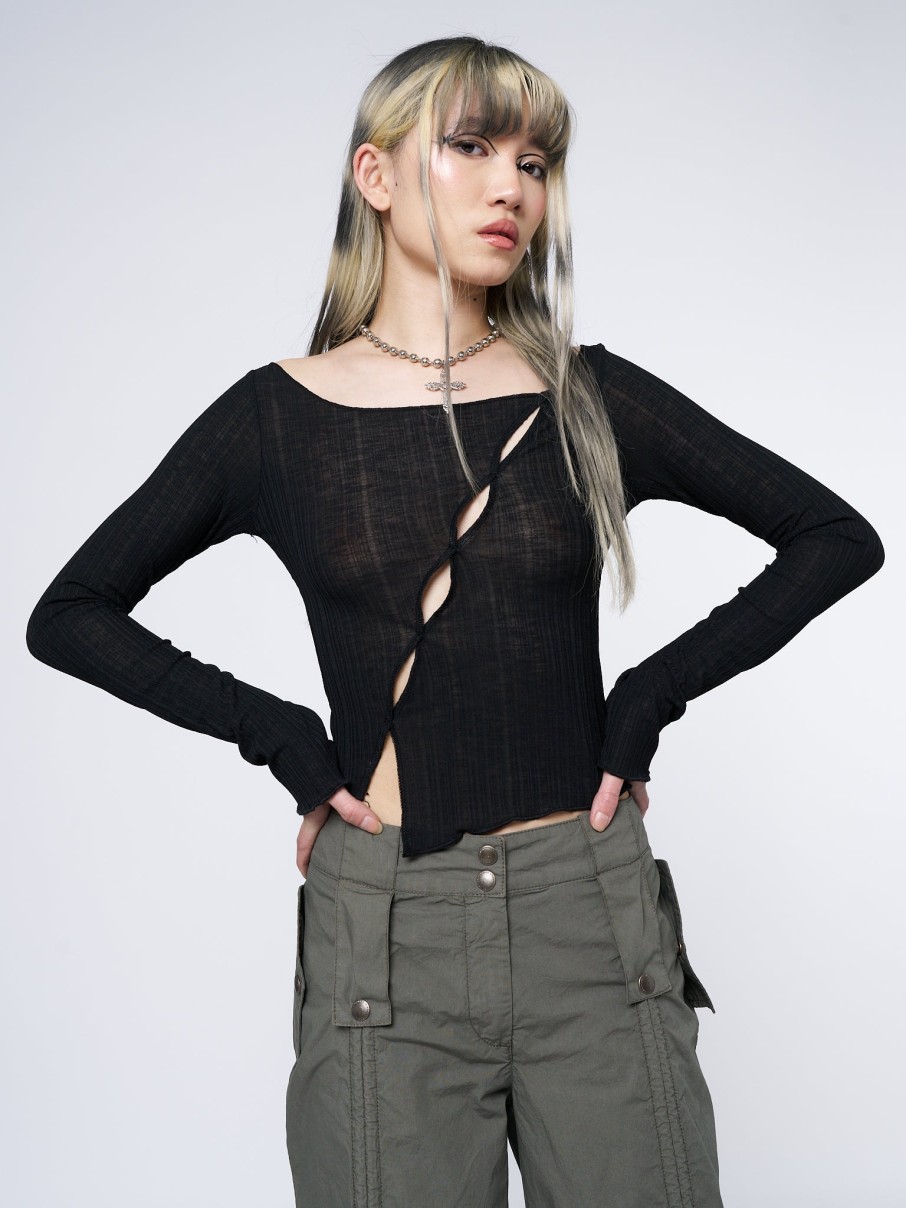 Minga London Hana Black Asymmetrical Cut Out Top | Tops & T-Shirts