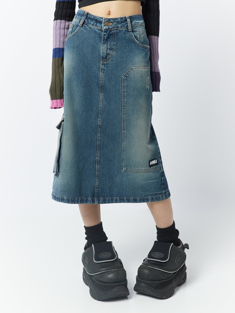 Minga London Kady 00S Denim Maxi Cargo Skirt | Bottoms