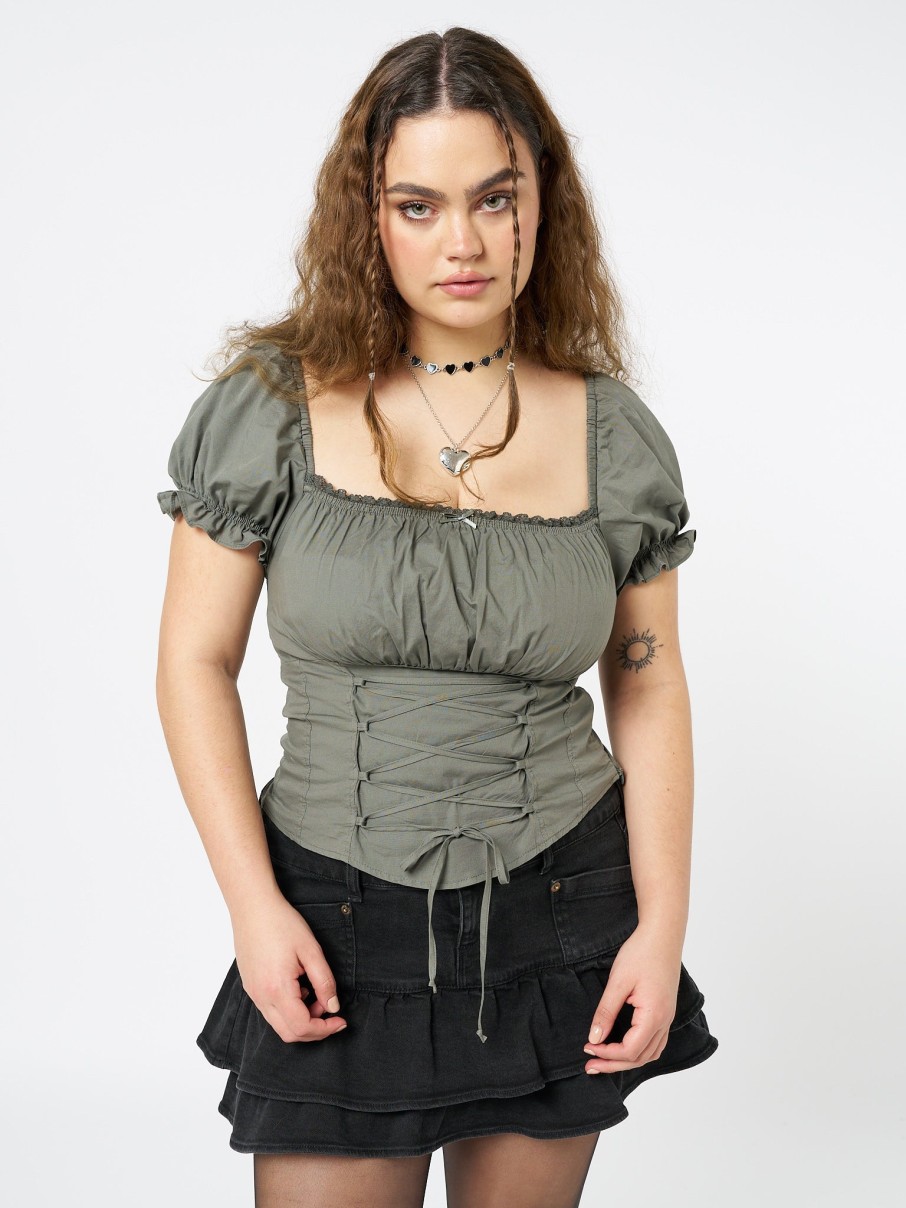 Minga London Aurora Green Milkmaid Lace Up Top | Tops & T-Shirts