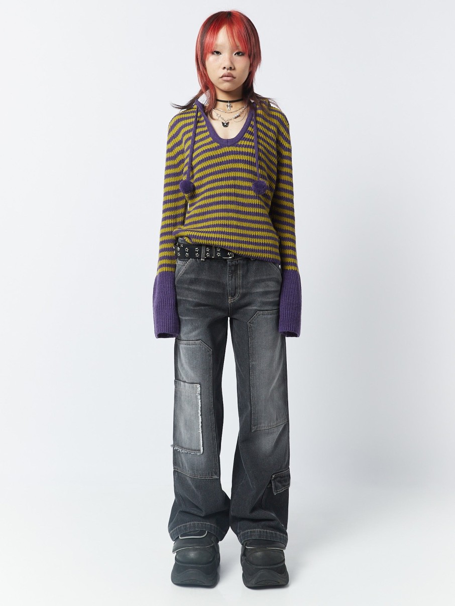 Minga London Paige Yellow & Purple Knitted Hoodie | Knitwear