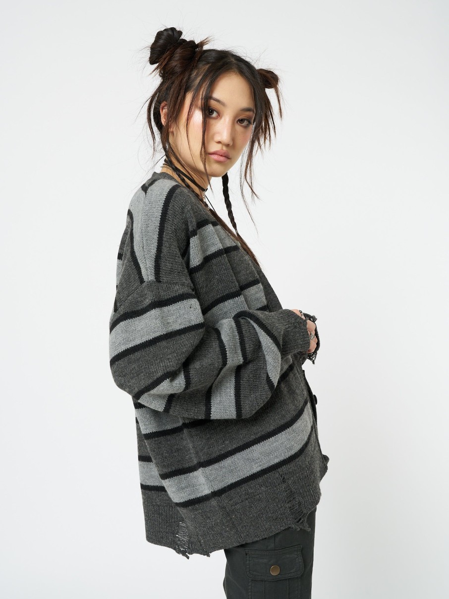 Minga London Neesa Grey & Black Stripe Knit Cardigan | Knitwear