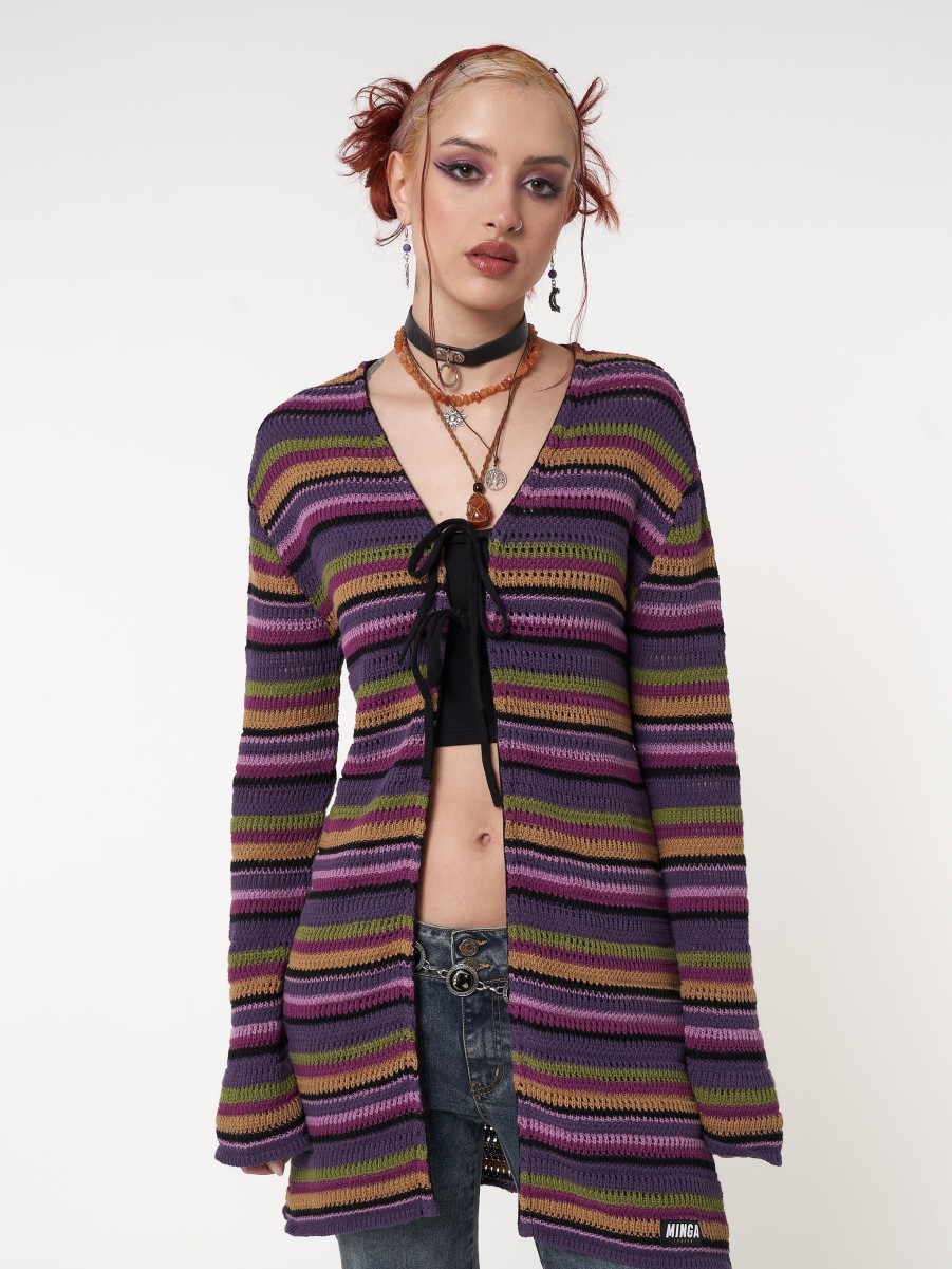 Minga London Luna Striped Tie Front Knit Cardigan | Knitwear