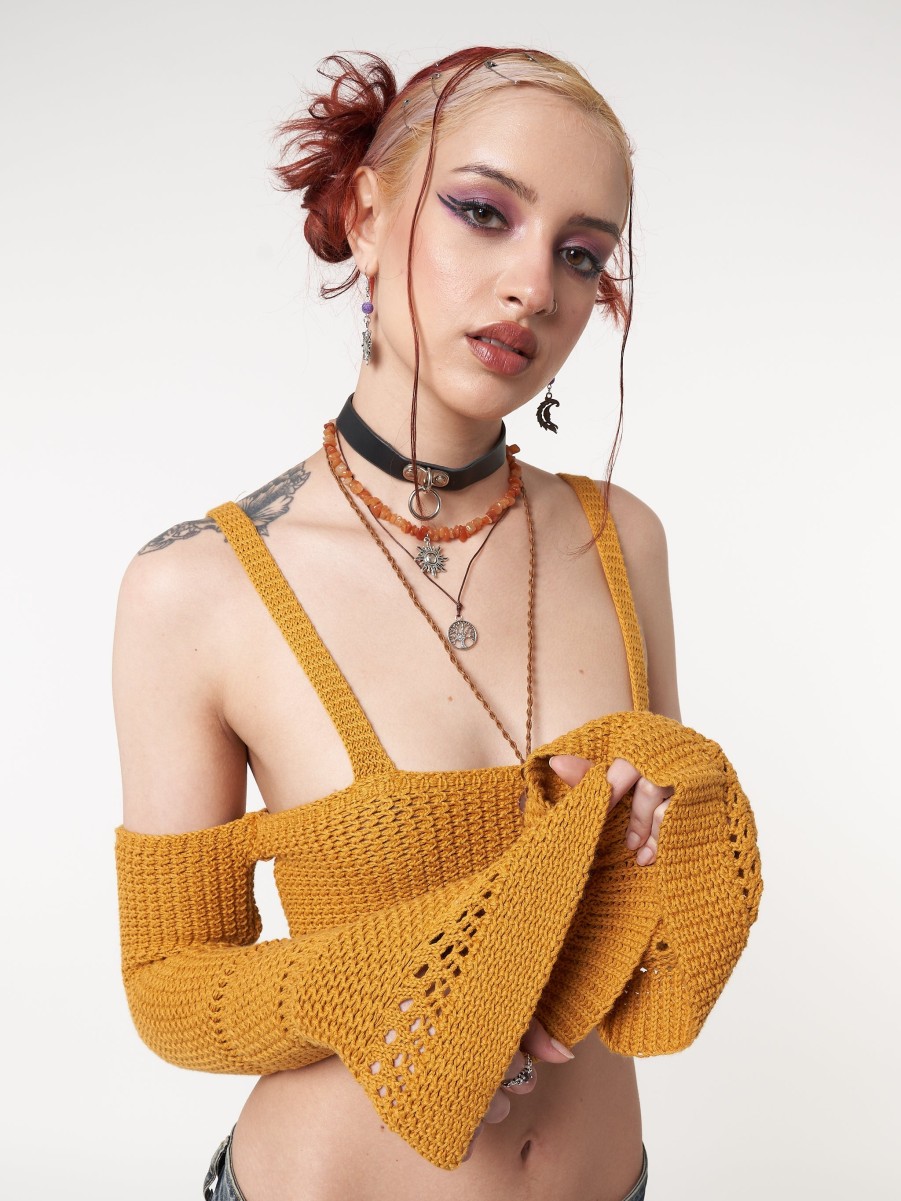 Minga London Ariel Golden Yellow Knitted Flare Crop Top | Knitwear