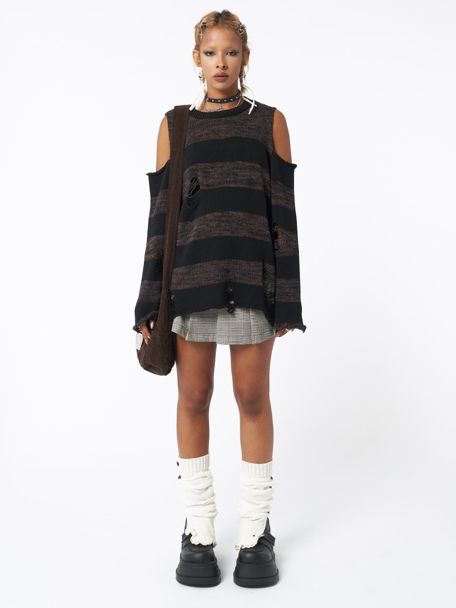 Minga London Curtis Brown Black Striped Knit Jumper | Knitwear