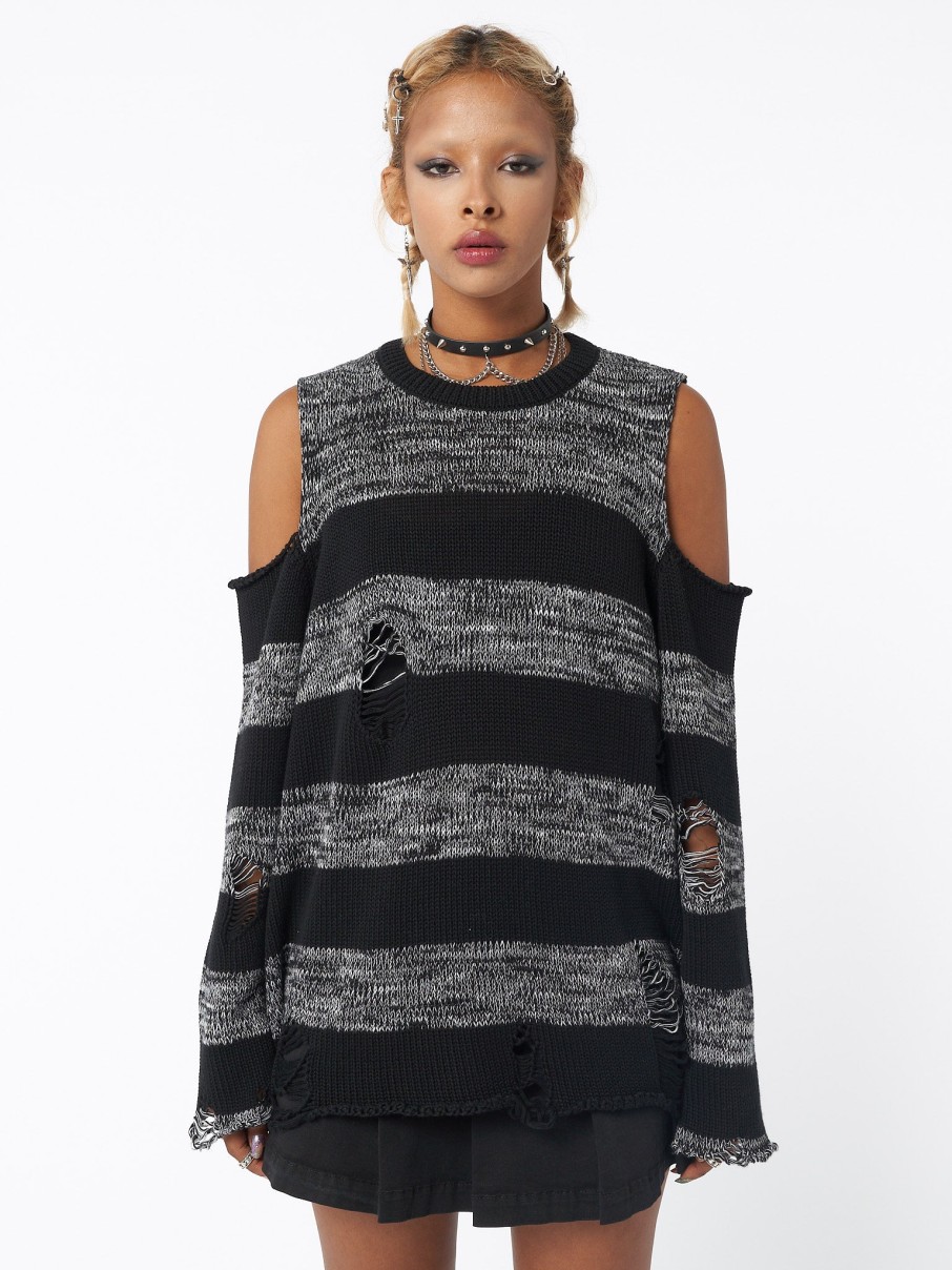 Minga London Curtis Black Grey Striped Knit Jumper | Sweaters & Hoodies