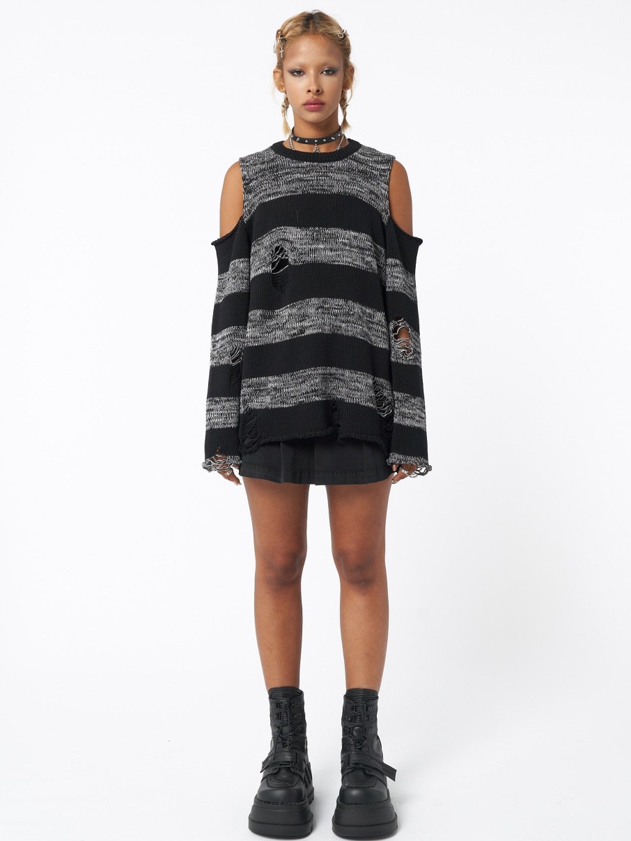 Minga London Curtis Black Grey Striped Knit Jumper | Sweaters & Hoodies