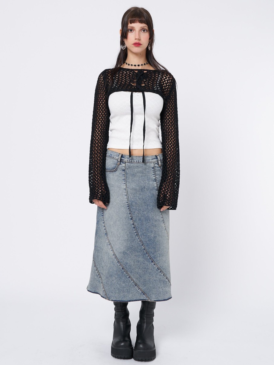 Minga London Ramona Black Lace Up Knitted Shrug | Knitwear