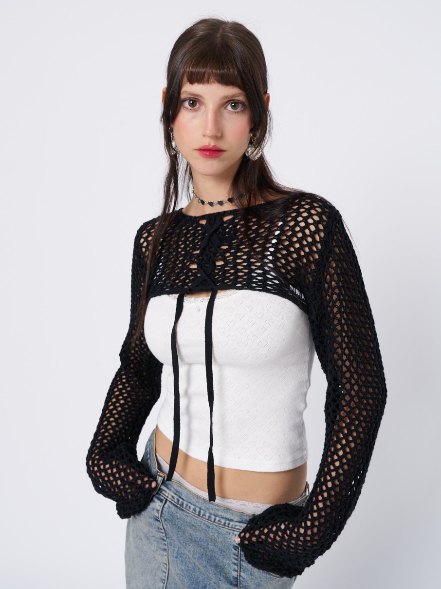 Minga London Ramona Black Lace Up Knitted Shrug | Knitwear