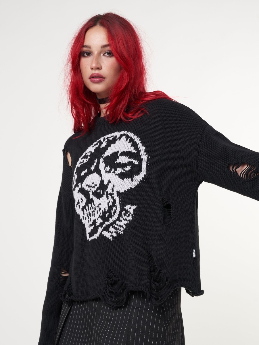 Minga London Skull Kid Black Distressed Jumper | Knitwear