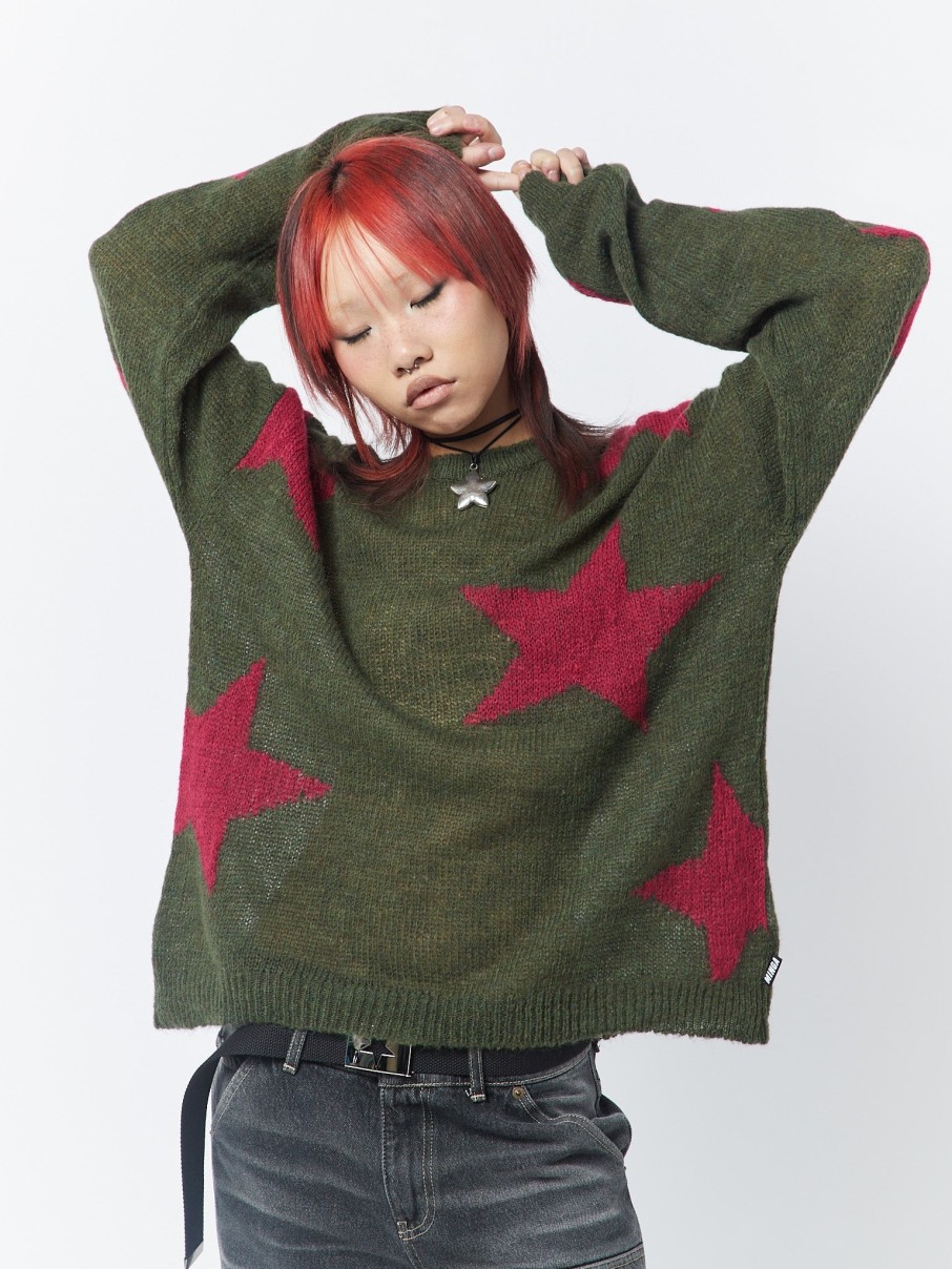 Minga London Interstellar Star Pink Khaki Knit Sweater | Knitwear