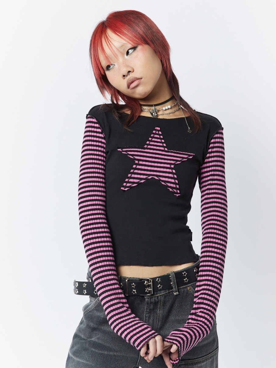 Minga London Lost Star Pink Black Striped Long Sleeve Top | Tops & T-Shirts