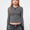 Minga London Graphite Half Button Striped Rib Top | Tops & T-Shirts