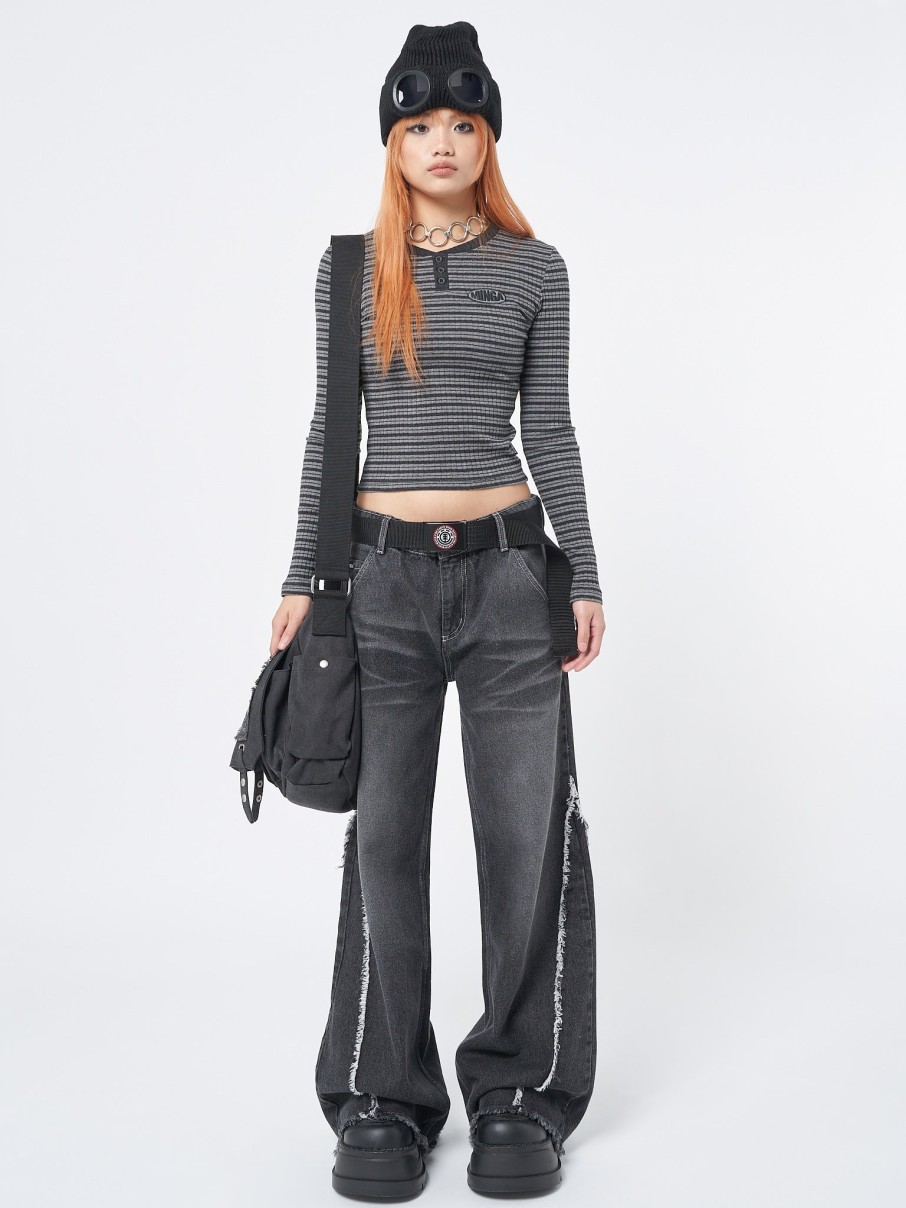 Minga London Graphite Half Button Striped Rib Top | Tops & T-Shirts