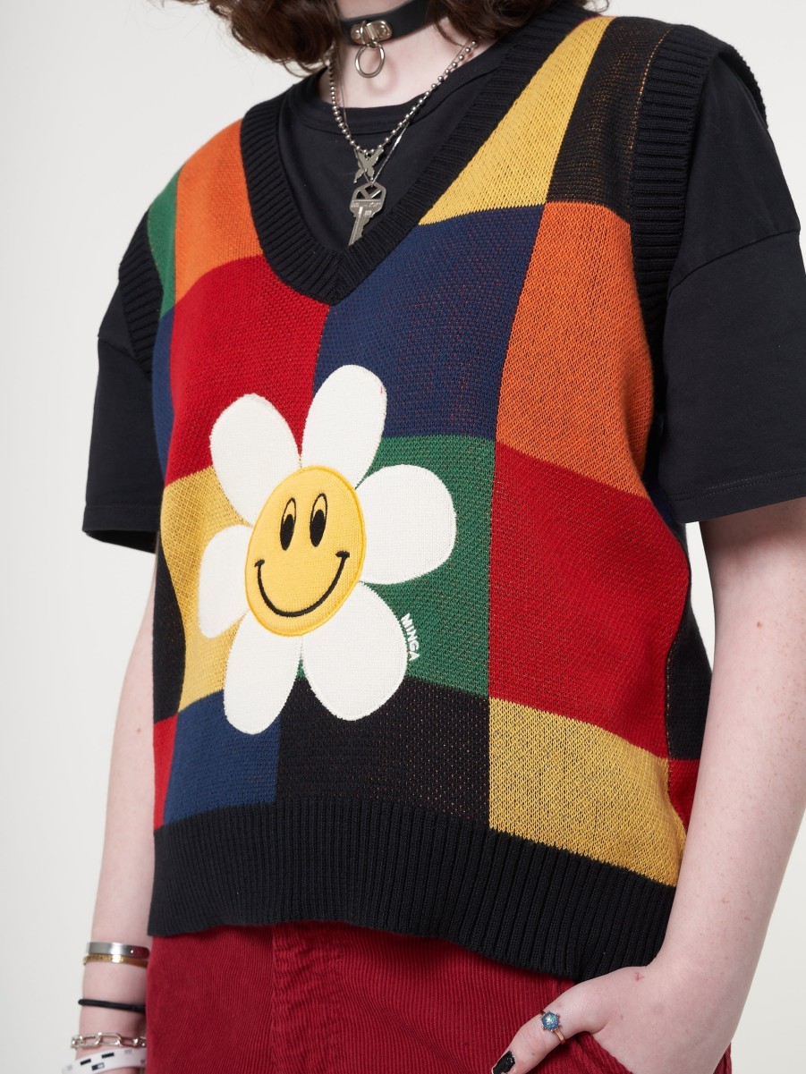 Minga London Minga X Strangervinyl Happy Flower Rainbow Check Vest | Knitwear