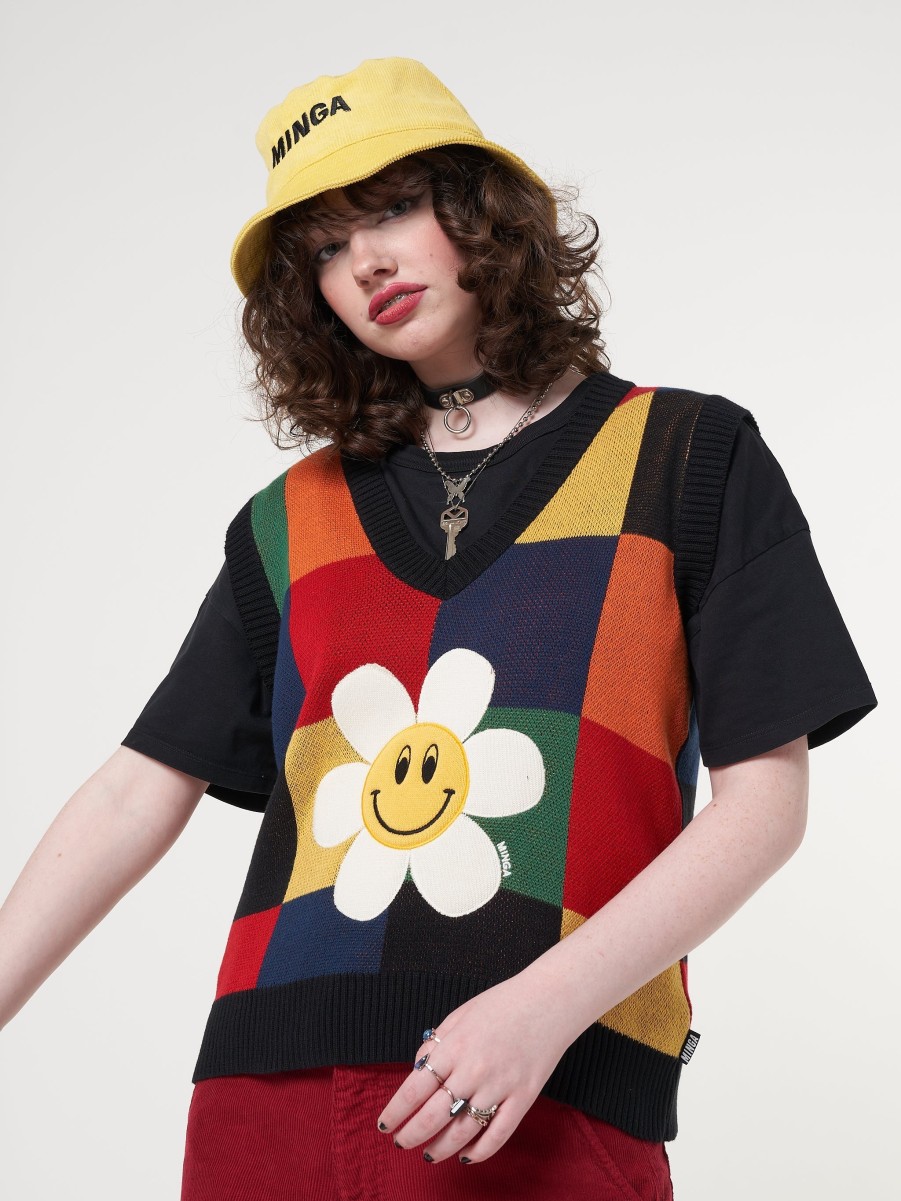 Minga London Minga X Strangervinyl Happy Flower Rainbow Check Vest | Knitwear